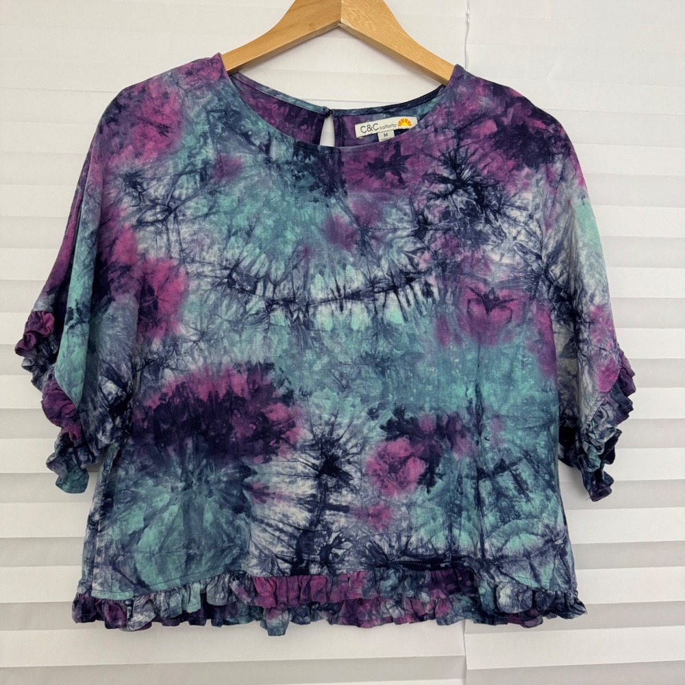 C&C California‎ Tie Dye Ruffle Crop Top Purple Teal Blue Short Sleeve Blouse M